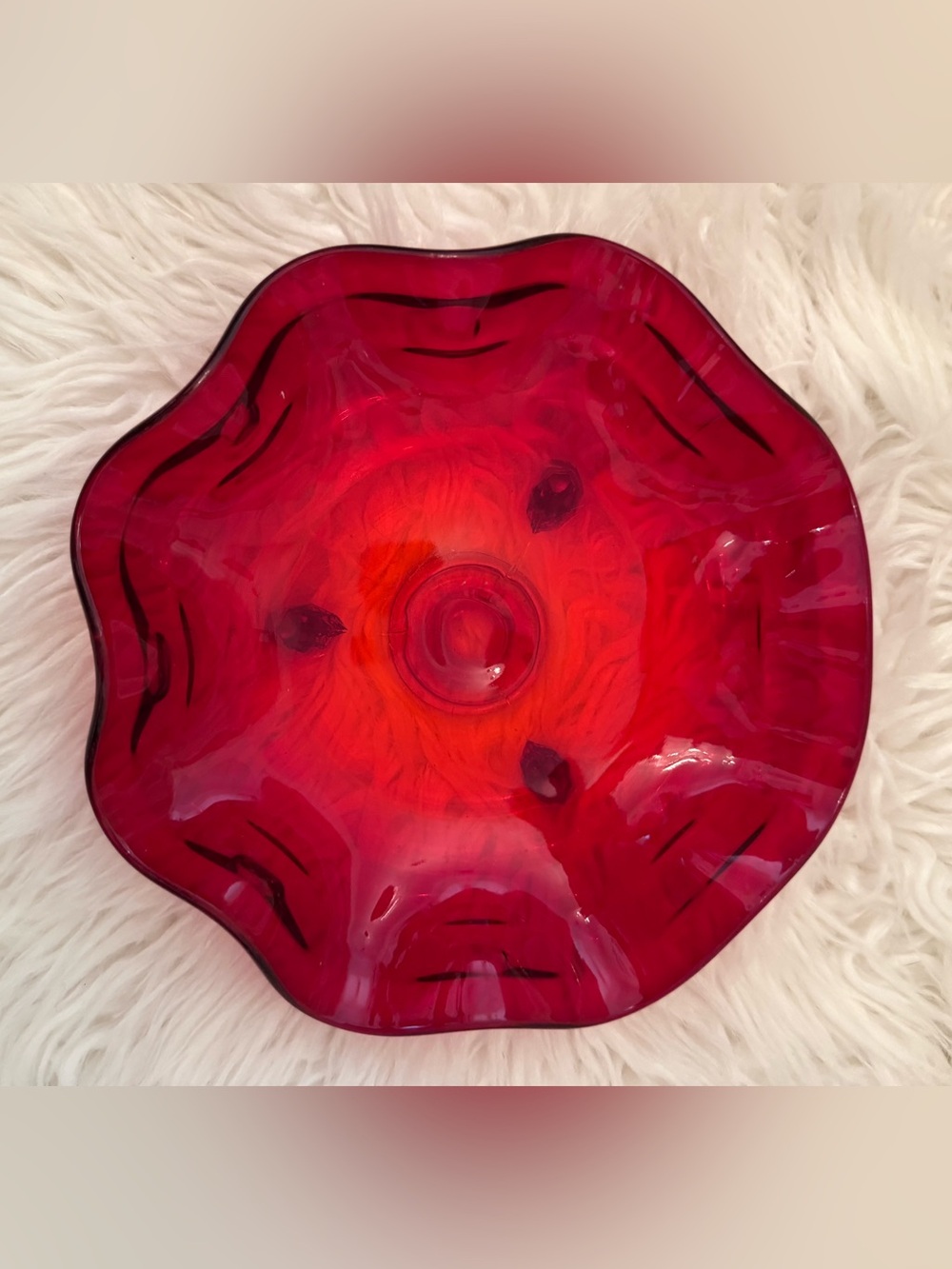 vintage ruby red glass tri-footed ruffled or petal bowl 7”